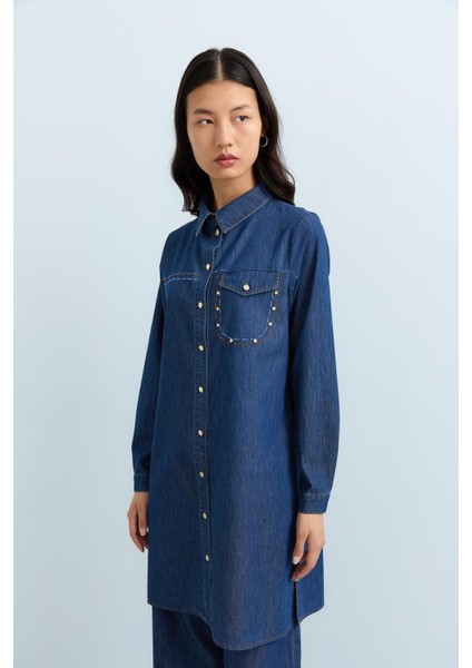 Nakış Detaylı Metal Aksesuarlı Denim Tunik Indigo modelleri