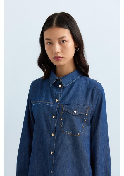 Nakış Detaylı Metal Aksesuarlı Denim Tunik Indigo fırsatları