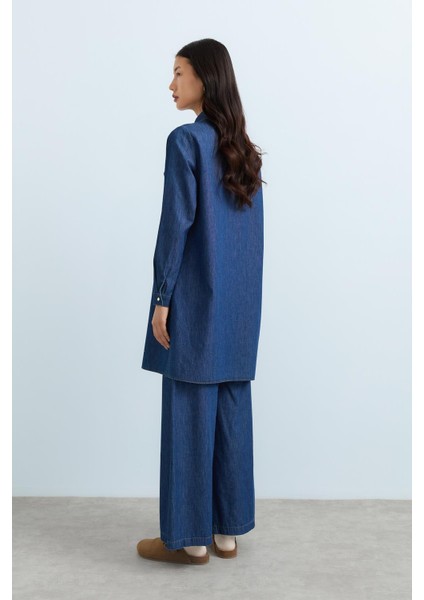 Nakış Detaylı Metal Aksesuarlı Denim Tunik Indigo indirimleri