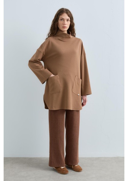 Cep Detaylı Oversize Tunik Camel