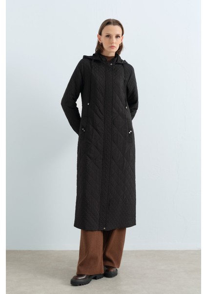 Ince Kapitone Grogren Detaylı Pardesü Siyah