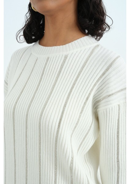 Taş Şeritli Triko Tunik Ekru