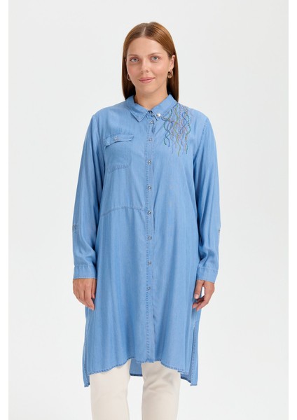 Büyük Beden Nakış Detaylı Tencel Tunik Buz