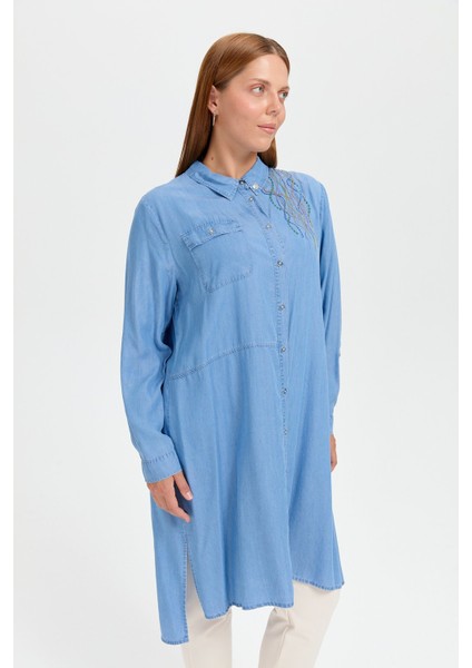 Büyük Beden Nakış Detaylı Tencel Tunik Buz