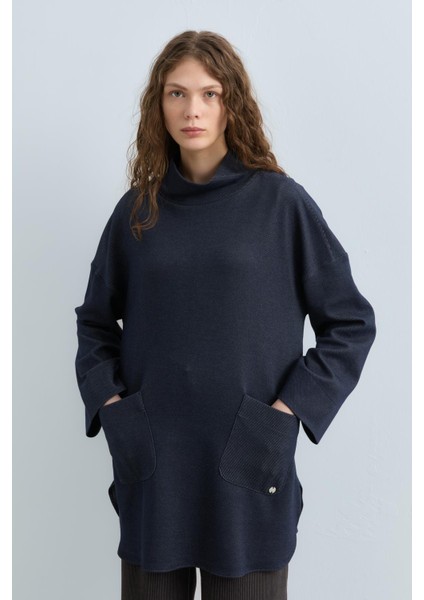 Cep Detaylı Oversize Tunik Indigo