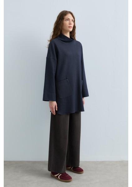 Cep Detaylı Oversize Tunik Indigo