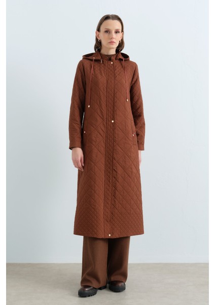 Ince Kapitone Grogren Detaylı Pardesü Kahve