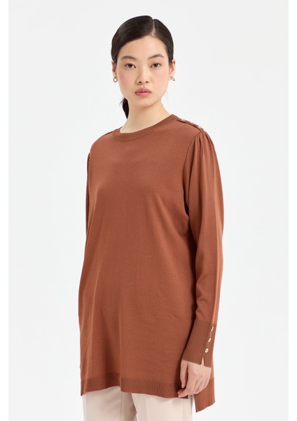 Kolları Büzgülü Düğme Detaylı Rayon Triko Tunik Kahve