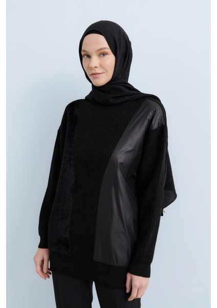 Deri ve Peluş Garnili Triko Tunik Siyah