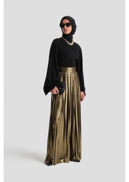 Işılıtlı Kumaş Piliseli Pantolon 24K2701 Gold