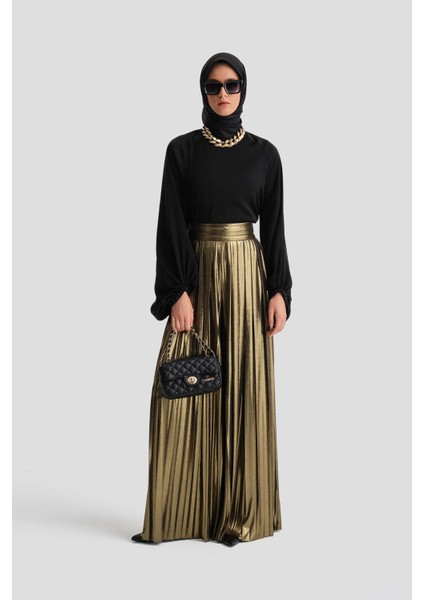 Işılıtlı Kumaş Piliseli Pantolon 24K2701 Gold