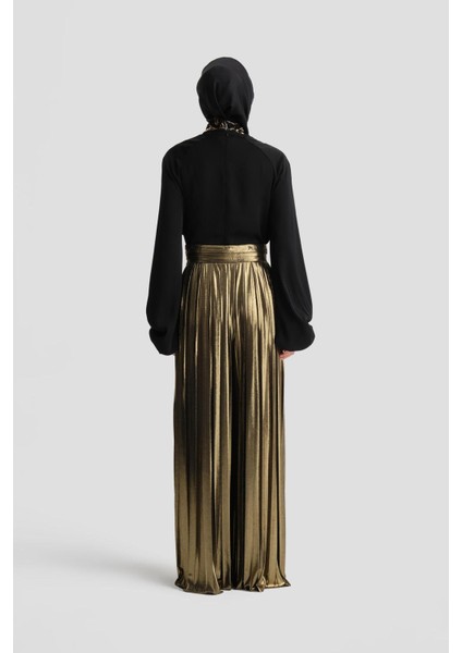 Işılıtlı Kumaş Piliseli Pantolon 24K2701 Gold