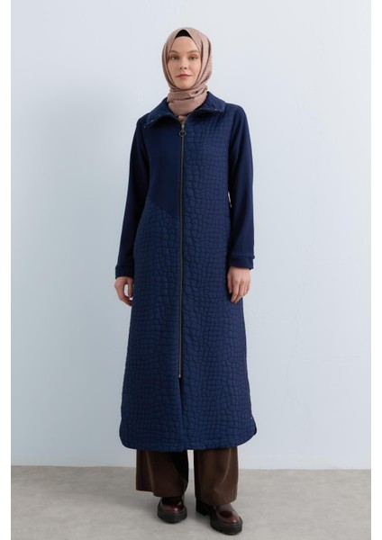 Ince Kapitone Örme Garnili Pardesü Lacivert