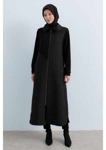 Ince Kapitone Örme Garnili Pardesü Siyah