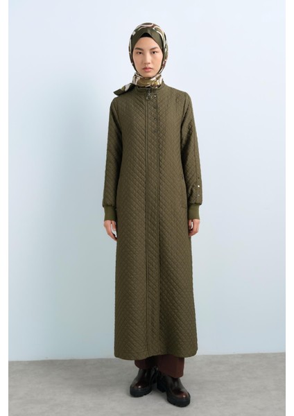 Ince Kapitone Çıt Çıt Detaylı Ribanalı Pardesü Haki