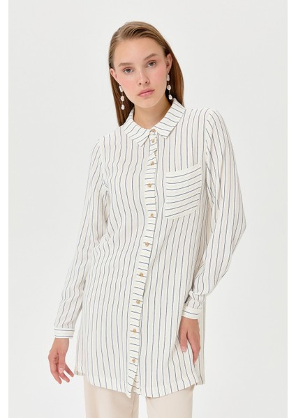 Gömlek Yaka Çizgili Tunik Ekru