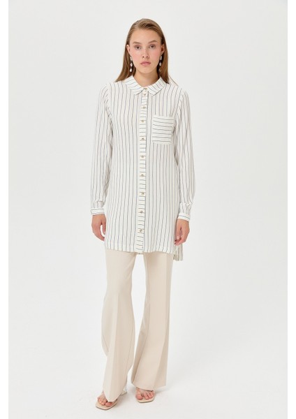Gömlek Yaka Çizgili Tunik Ekru indirimleri