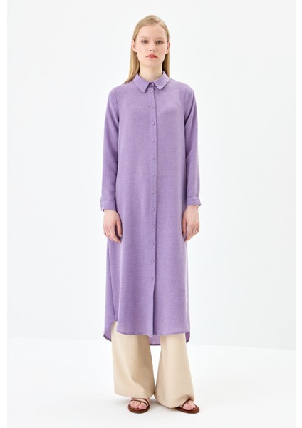 Gömlek Yaka Basic Uzun Tunik Lila