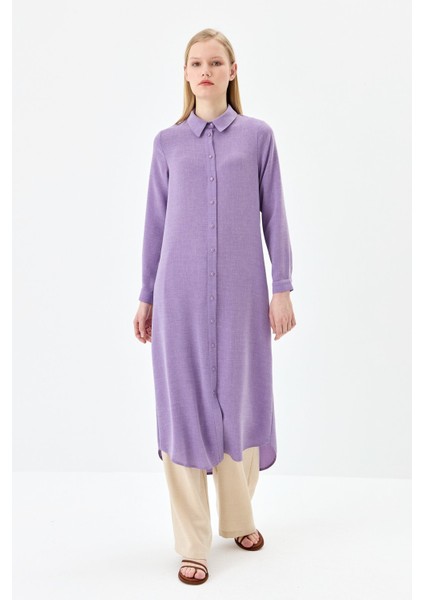 Gömlek Yaka Basic Uzun Tunik Lila