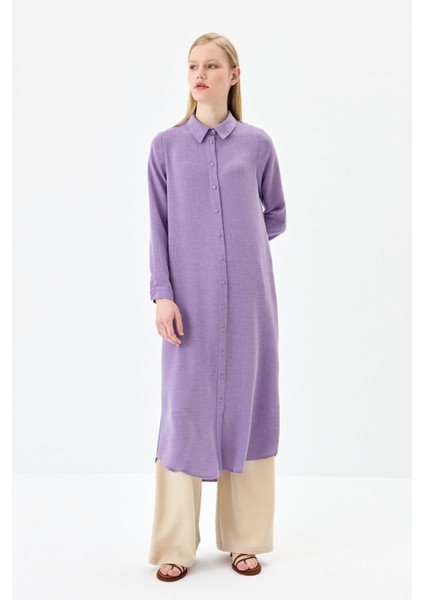 Gömlek Yaka Basic Uzun Tunik Lila
