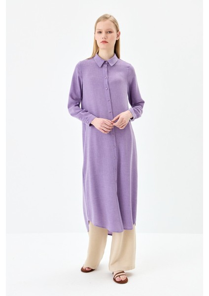 Gömlek Yaka Basic Uzun Tunik Lila