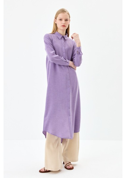 Gömlek Yaka Basic Uzun Tunik Lila