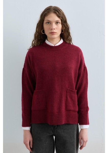 Cep Detaylı Oversize Triko Tunik Bordo