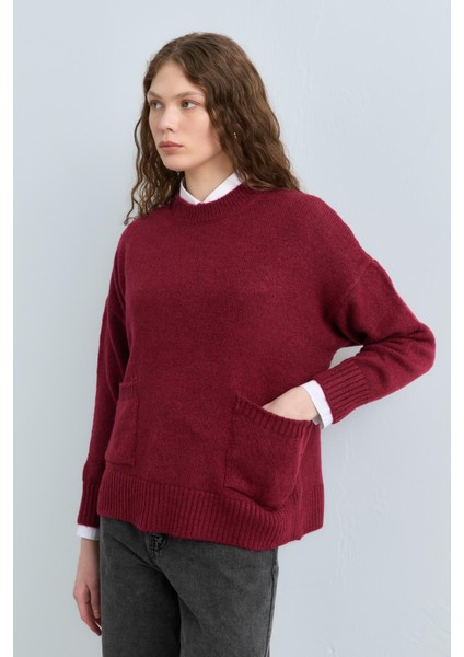 Cep Detaylı Oversize Triko Tunik Bordo