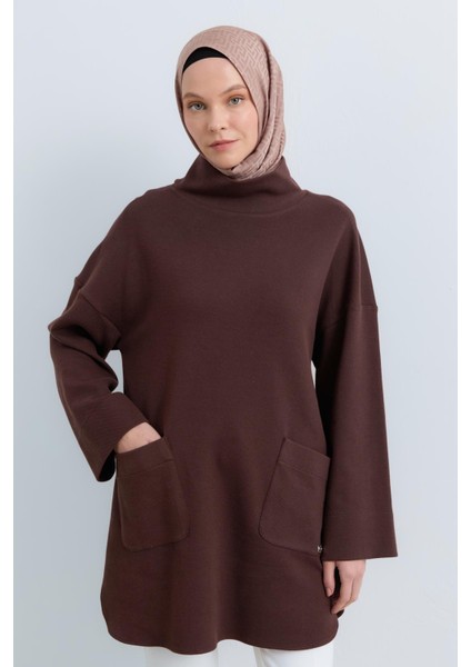 Cep Detaylı Oversize Tunik Kahve