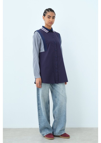 Kolları Çizgili Ribana Yakalı Poplin Tunik Lacivert modelleri