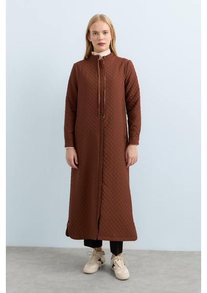 Ince Kapitone Bağcık Detaylı Pardesü Kahve