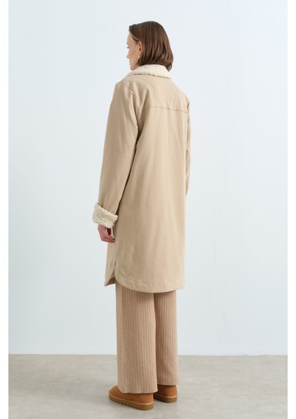 Kürk Astarlı Gabardin Kaban Bej