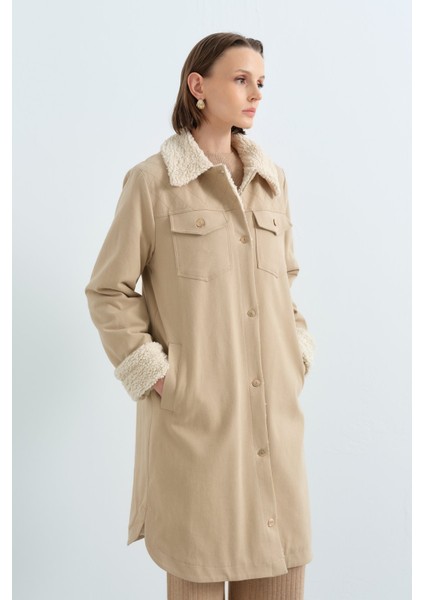 Kürk Astarlı Gabardin Kaban Bej modelleri