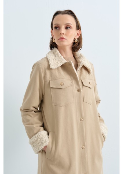 Kürk Astarlı Gabardin Kaban Bej fırsatları