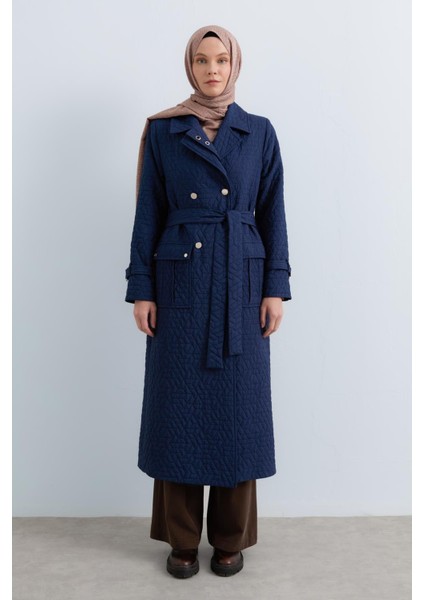 Ince Kapitone Kuşgözü Detaylı Trençkot Lacivert