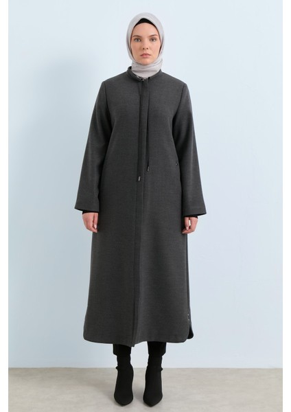 Büyük Beden Bağcık Detaylı Manto Füme