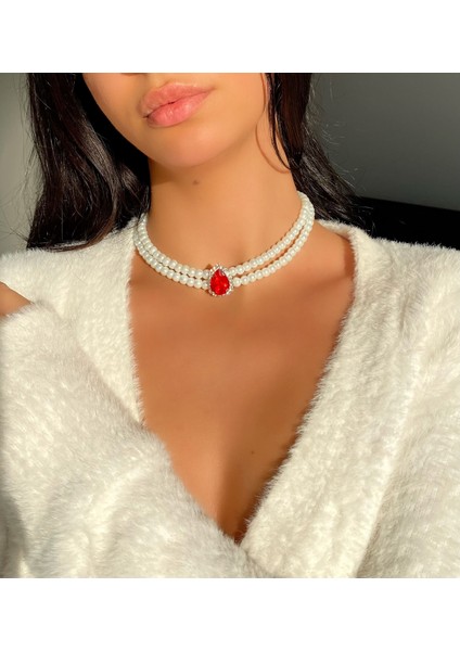 Incili Kırmızı Su Damlası Choker Gelin- Düğün Aksesuarı