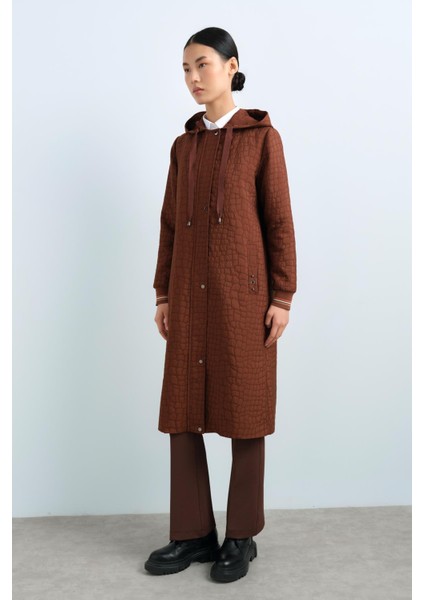 Ince Kapitone Kolları Ribanalı Kapşonlu Kap Kahve