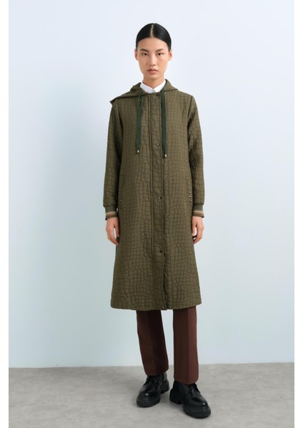 Ince Kapitone Kolları Ribanalı Kapşonlu Kap Haki