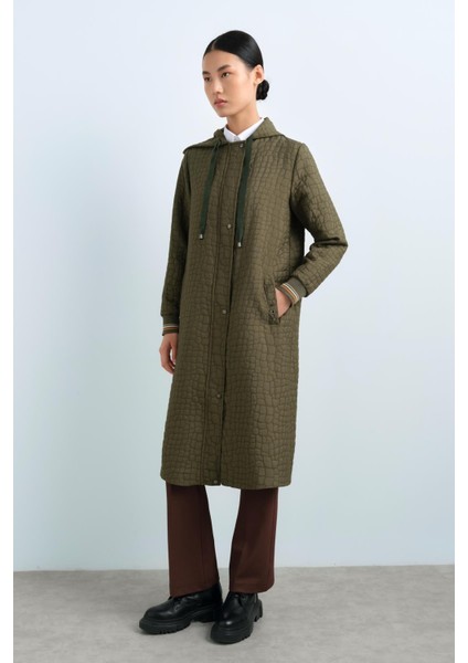 Ince Kapitone Kolları Ribanalı Kapşonlu Kap Haki fiyatları