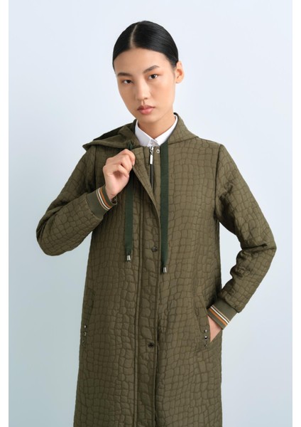 Ince Kapitone Kolları Ribanalı Kapşonlu Kap Haki modelleri