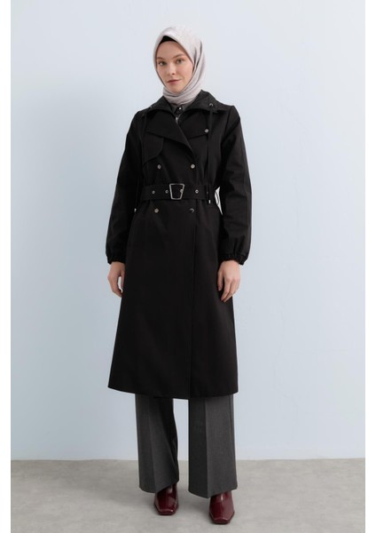 Çift Yaka Kumaş Mixli Trençkot Siyah