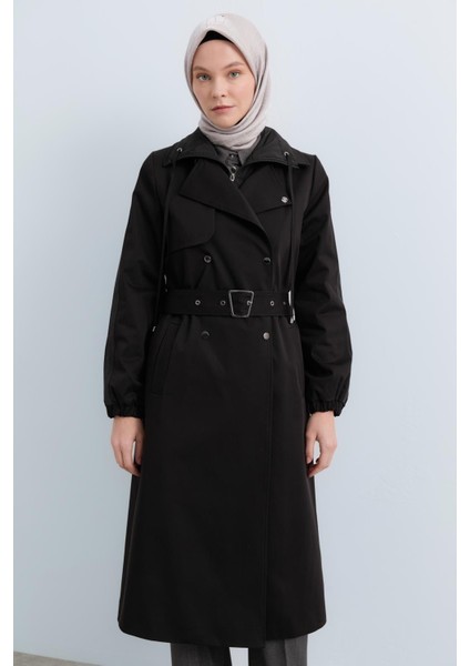 Çift Yaka Kumaş Mixli Trençkot Siyah fiyatları