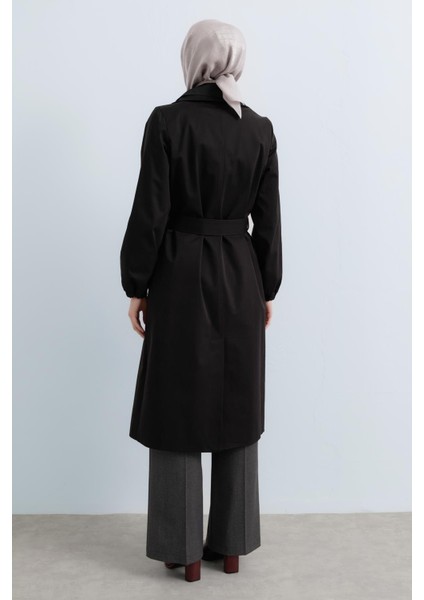 Çift Yaka Kumaş Mixli Trençkot Siyah modelleri