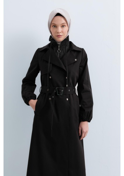 Çift Yaka Kumaş Mixli Trençkot Siyah fırsatları