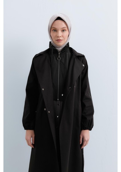 Çift Yaka Kumaş Mixli Trençkot Siyah indirimleri