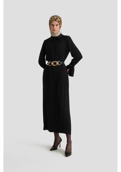 Piliseli Gömlek Elbise 24K9904 Siyah