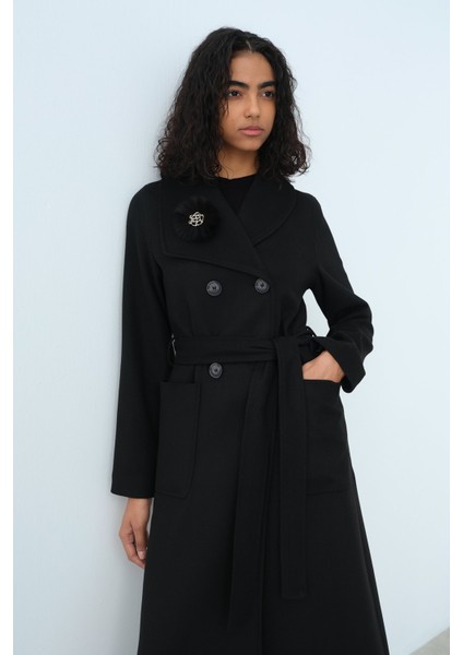 Asimetrik Yakalı Kuşaklı Kaban Siyah modelleri