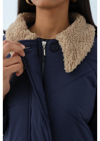 Peluş Yakalı Kapitone Kaban Lacivert modelleri