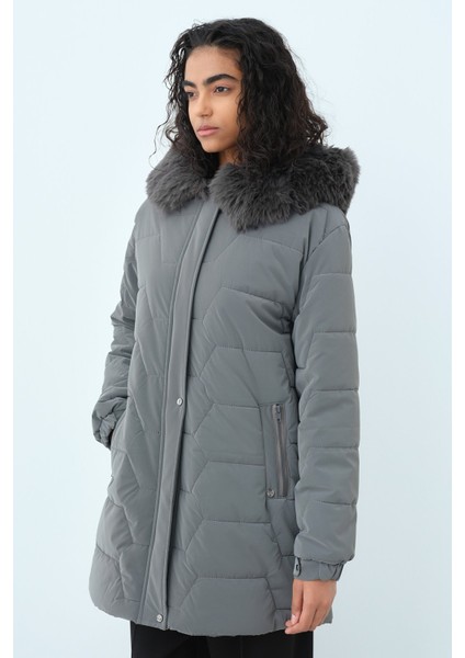 Seyyar Kürklü Kapşonlu Kapitone Kaban Gri fiyatları